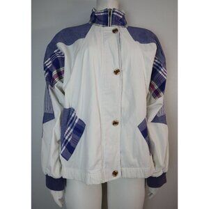 VINTAGE WOMEN'S WHITE & BLUE PLAID WINDBREAKER JACKET - G4000 - SIZE M